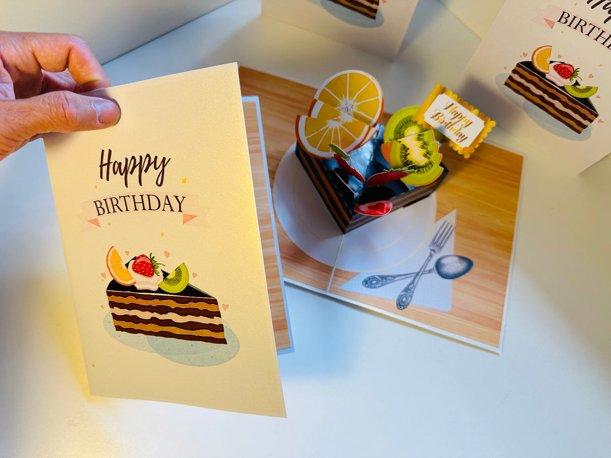 Happy Birthday Chocolate Cake with Mixed Fruits Origami Pop Cards 3D Pop Up Greeting Card Thank You Handmade Gift Thinking of You Happy Birthday Occasion Australiana Celebrate the Beauty and Happiness During Special Day Best Wishes Gift