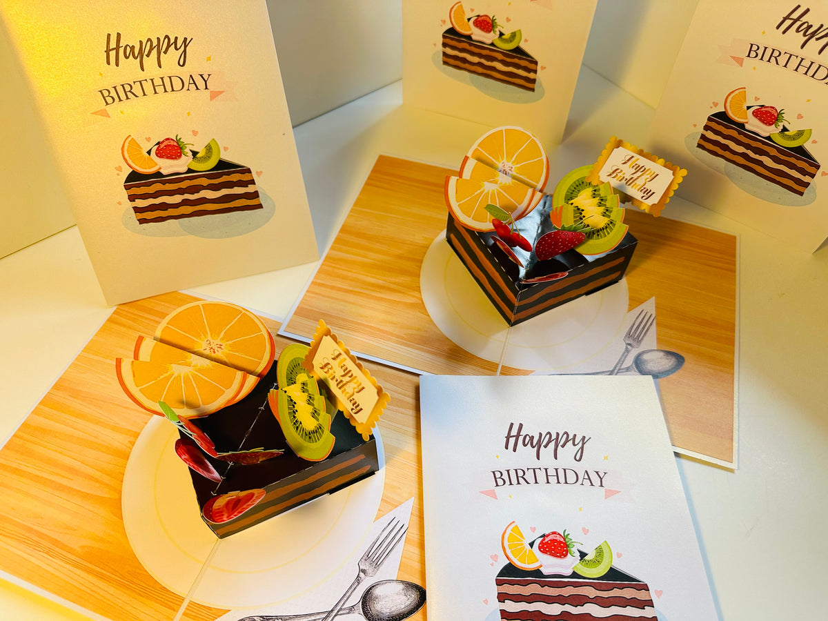 Happy Birthday Chocolate Cake with Mixed Fruits Origami Pop Cards 3D Pop Up Greeting Card Thank You Handmade Gift Thinking of You Happy Birthday Occasion Australiana Celebrate the Beauty and Happiness During Special Day Best Wishes Gift