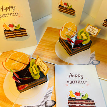 Happy Birthday Chocolate Cake with Mixed Fruits Origami Pop Cards 3D Pop Up Greeting Card Thank You Handmade Gift Thinking of You Happy Birthday Occasion Australiana Celebrate the Beauty and Happiness During Special Day Best Wishes Gift