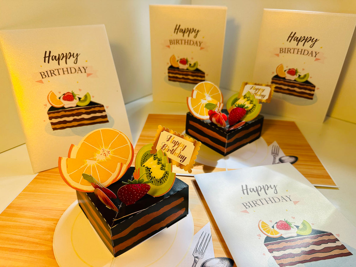 Happy Birthday Chocolate Cake with Mixed Fruits Origami Pop Cards 3D Pop Up Greeting Card Thank You Handmade Gift Thinking of You Happy Birthday Occasion Australiana Celebrate the Beauty and Happiness During Special Day Best Wishes Gift
