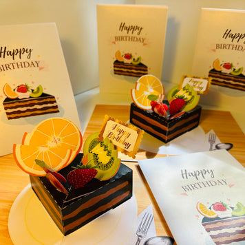 Happy Birthday Chocolate Cake with Mixed Fruits Origami Pop Cards 3D Pop Up Greeting Card Thank You Handmade Gift Thinking of You Happy Birthday Occasion Australiana Celebrate the Beauty and Happiness During Special Day Best Wishes Gift