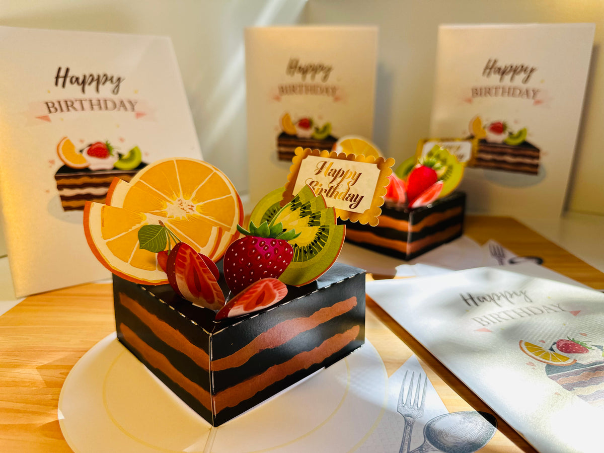 Happy Birthday Chocolate Cake with Mixed Fruits Origami Pop Cards 3D Pop Up Greeting Card Thank You Handmade Gift Thinking of You Happy Birthday Occasion Australiana Celebrate the Beauty and Happiness During Special Day Best Wishes Gift