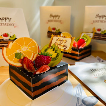 Happy Birthday Chocolate Cake with Mixed Fruits Origami Pop Cards 3D Pop Up Greeting Card Thank You Handmade Gift Thinking of You Happy Birthday Occasion Australiana Celebrate the Beauty and Happiness During Special Day Best Wishes Gift