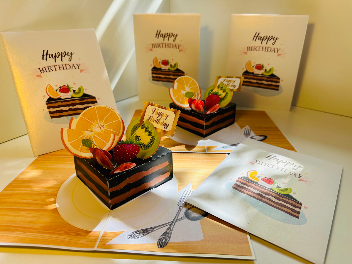 Happy Birthday Chocolate Cake with Mixed Fruits Origami Pop Cards 3D Pop Up Greeting Card Thank You Handmade Gift Thinking of You Happy Birthday Occasion Australiana Celebrate the Beauty and Happiness During Special Day Best Wishes Gift
