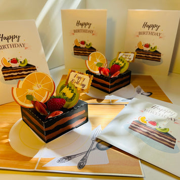 Happy Birthday Chocolate Cake with Mixed Fruits Origami Pop Cards 3D Pop Up Greeting Card Thank You Handmade Gift Thinking of You Happy Birthday Occasion Australiana Celebrate the Beauty and Happiness During Special Day Best Wishes Gift