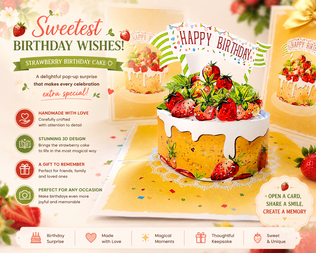 Happy Birthday Strawberry Cake Origami Pop Cards 3D Pop Up Greeting Card Thank You Handmade Gift Thinking of You Happy Birthday Occasion Australiana Celebrate the Beauty and Happiness During Special Day Best Wishes Gift