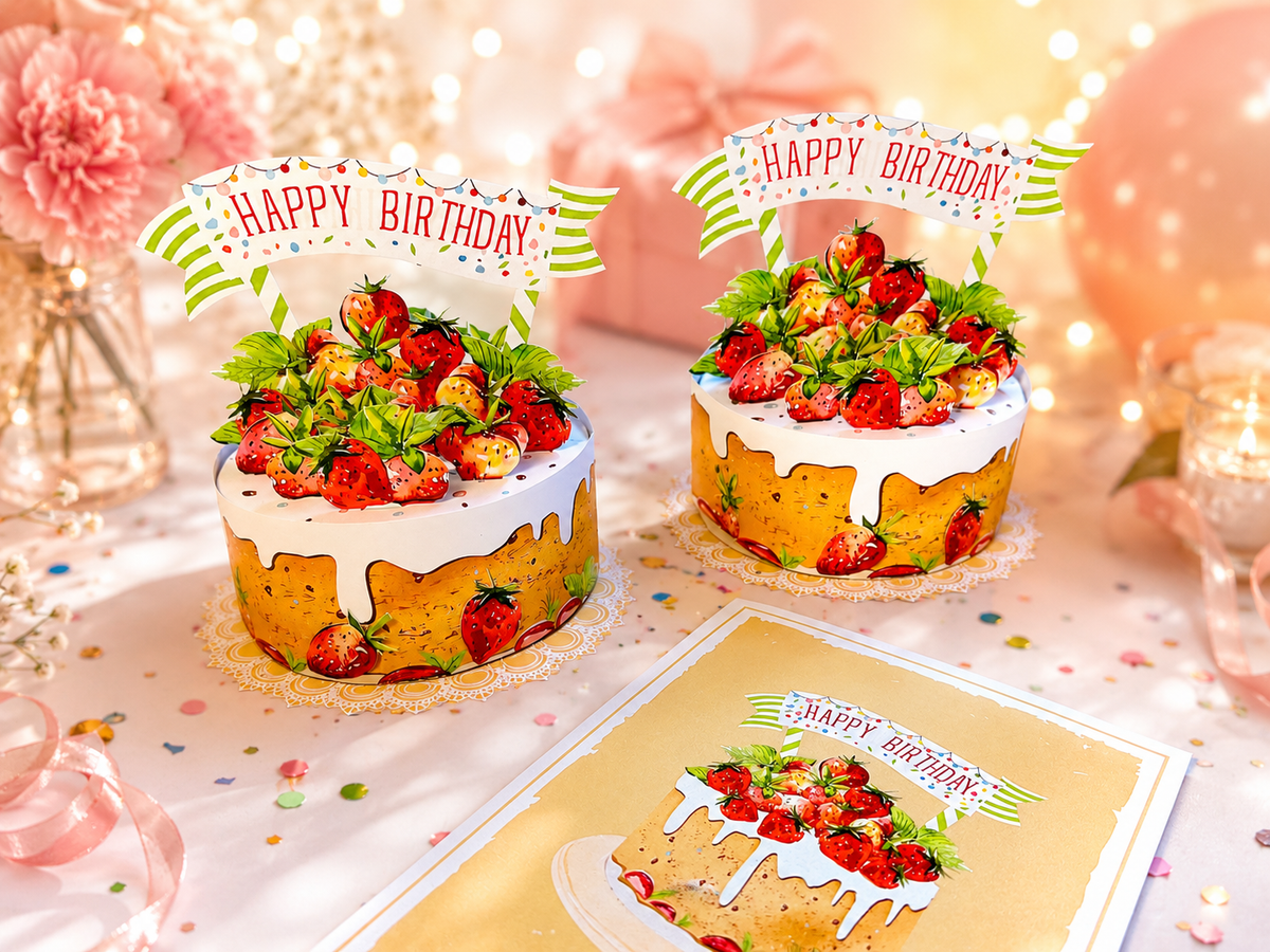 Happy Birthday Strawberry Cake Origami Pop Cards 3D Pop Up Greeting Card Thank You Handmade Gift Thinking of You Happy Birthday Occasion Australiana Celebrate the Beauty and Happiness During Special Day Best Wishes Gift