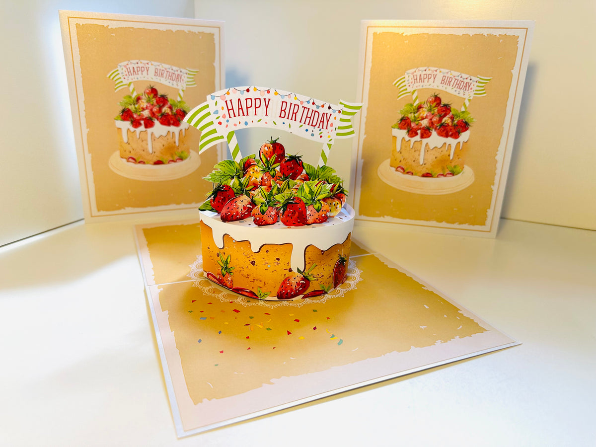 Happy Birthday Strawberry Cake Origami Pop Cards 3D Pop Up Greeting Card Thank You Handmade Gift Thinking of You Happy Birthday Occasion Australiana Celebrate the Beauty and Happiness During Special Day Best Wishes Gift