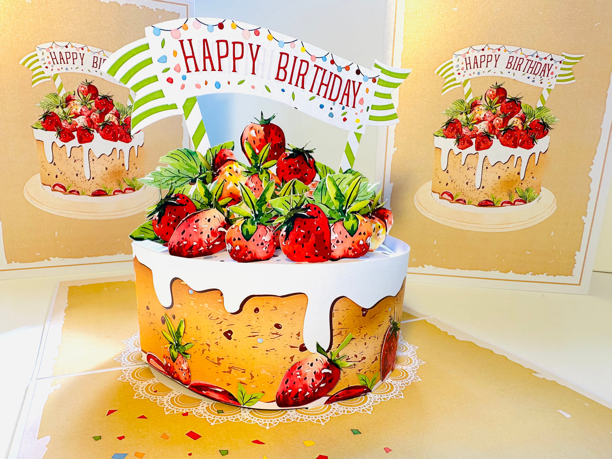 Happy Birthday Strawberry Cake Origami Pop Cards 3D Pop Up Greeting Card Thank You Handmade Gift Thinking of You Happy Birthday Occasion Australiana Celebrate the Beauty and Happiness During Special Day Best Wishes Gift