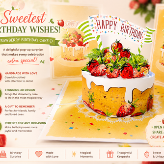 Happy Birthday Strawberry Cake Origami Pop Cards 3D Pop Up Greeting Card Thank You Handmade Gift Thinking of You Happy Birthday Occasion Australiana Celebrate the Beauty and Happiness During Special Day Best Wishes Gift