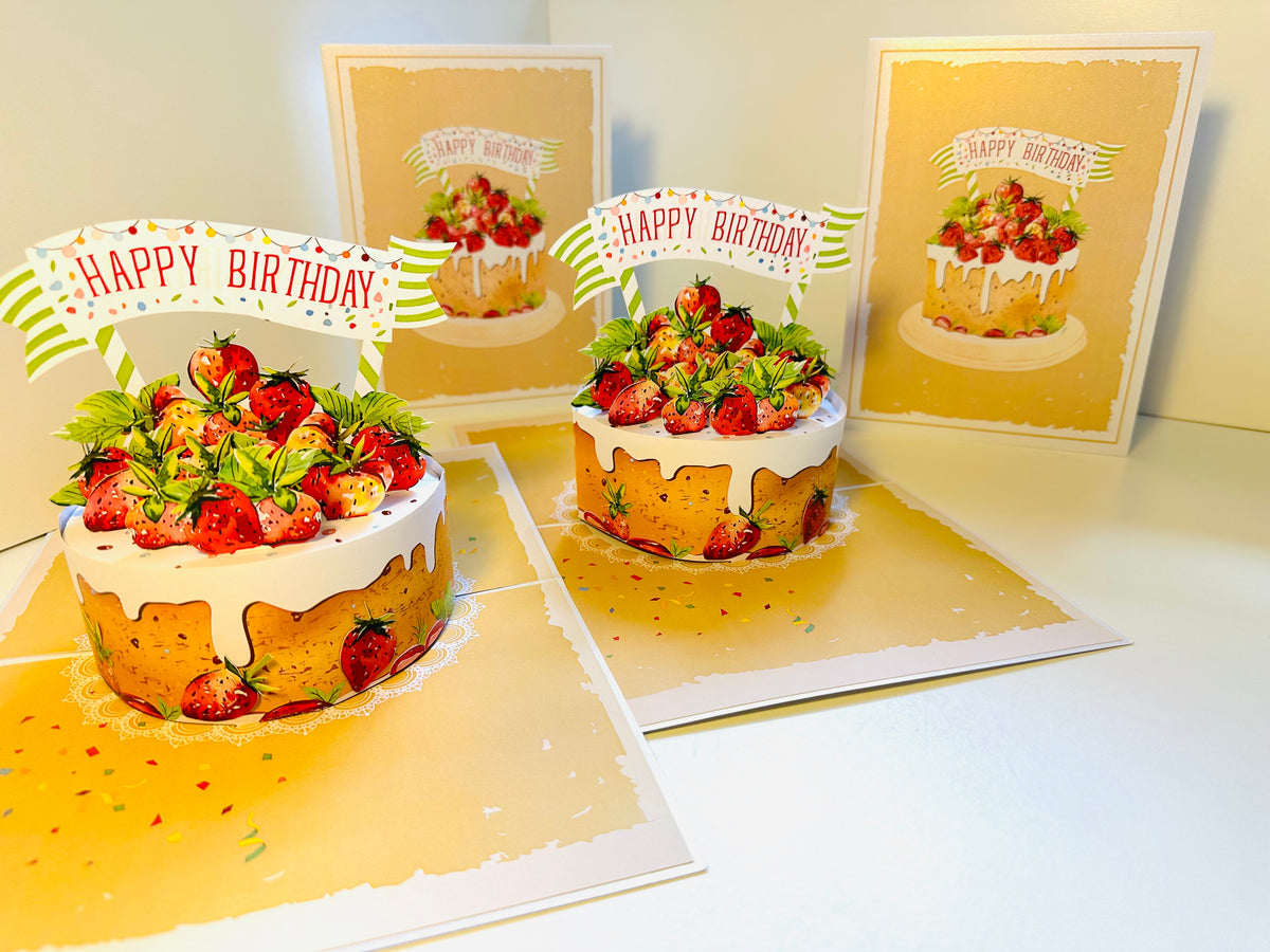 Happy Birthday Strawberry Cake Origami Pop Cards 3D Pop Up Greeting Card Thank You Handmade Gift Thinking of You Happy Birthday Occasion Australiana Celebrate the Beauty and Happiness During Special Day Best Wishes Gift