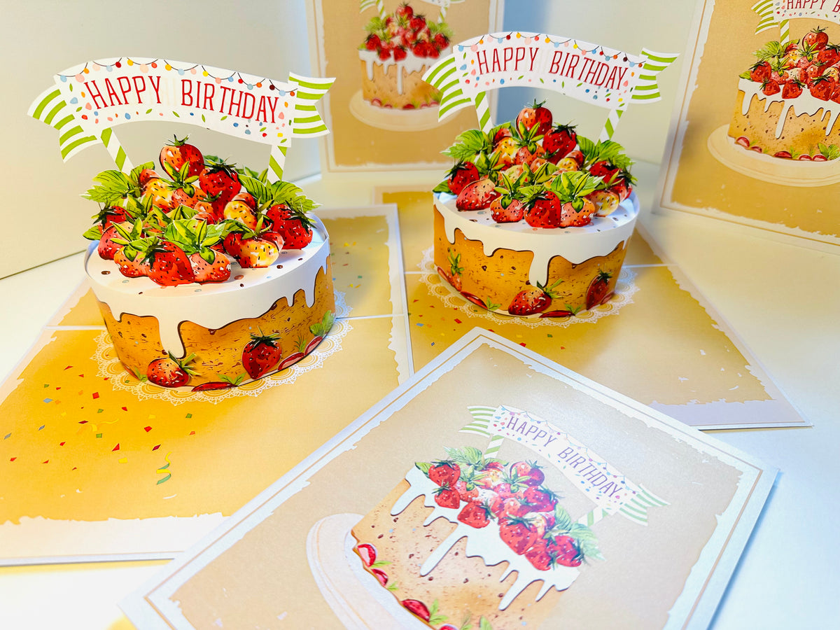 Happy Birthday Strawberry Cake Origami Pop Cards 3D Pop Up Greeting Card Thank You Handmade Gift Thinking of You Happy Birthday Occasion Australiana Celebrate the Beauty and Happiness During Special Day Best Wishes Gift
