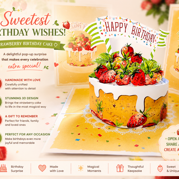 Happy Birthday Strawberry Cake Origami Pop Cards 3D Pop Up Greeting Card Thank You Handmade Gift Thinking of You Happy Birthday Occasion Australiana Celebrate the Beauty and Happiness During Special Day Best Wishes Gift
