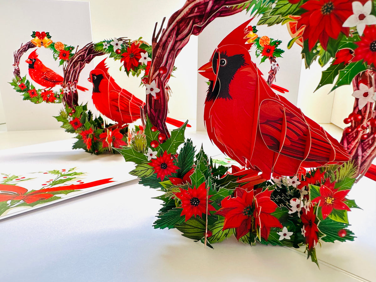 Happy Holidays Cardinal Red Bird with Poinsettia Red Flower Wreath Origami Pop Cards 3D Pop Up Greeting Card Merry Christmas Thank You Handmade Best Wishes Blank Card Gift Happy Holidays Celebrate the Special Day Moment with Family and Friends