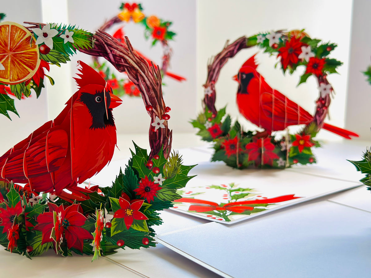 Happy Holidays Cardinal Red Bird with Poinsettia Red Flower Wreath Origami Pop Cards 3D Pop Up Greeting Card Merry Christmas Thank You Handmade Best Wishes Blank Card Gift Happy Holidays Celebrate the Special Day Moment with Family and Friends