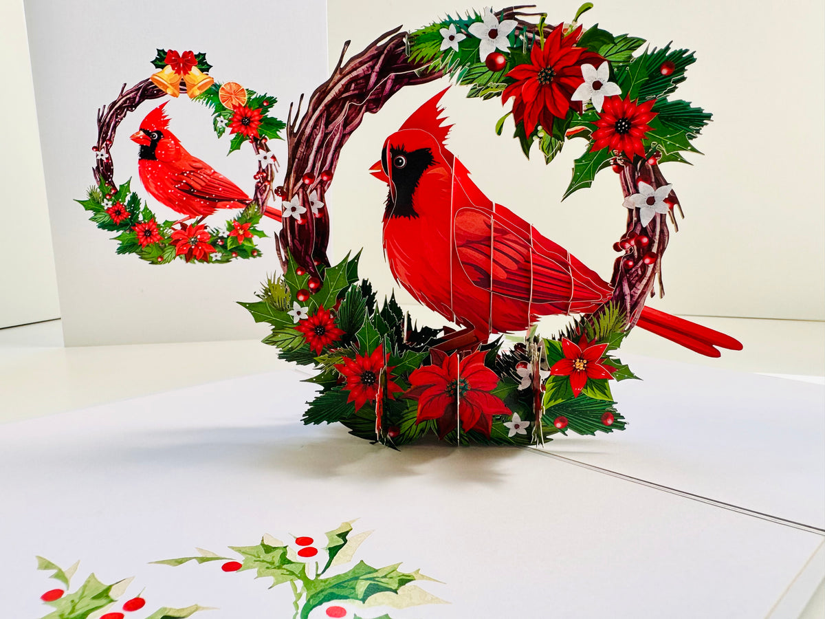 Happy Holidays Cardinal Red Bird with Poinsettia Red Flower Wreath Origami Pop Cards 3D Pop Up Greeting Card Merry Christmas Thank You Handmade Best Wishes Blank Card Gift Happy Holidays Celebrate the Special Day Moment with Family and Friends