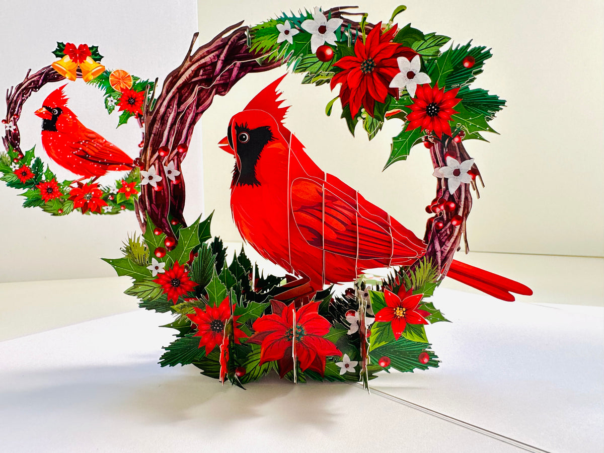 Happy Holidays Cardinal Red Bird with Poinsettia Red Flower Wreath Origami Pop Cards 3D Pop Up Greeting Card Merry Christmas Thank You Handmade Best Wishes Blank Card Gift Happy Holidays Celebrate the Special Day Moment with Family and Friends
