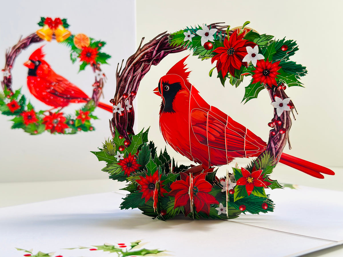 Happy Holidays Cardinal Red Bird with Poinsettia Red Flower Wreath Origami Pop Cards 3D Pop Up Greeting Card Merry Christmas Thank You Handmade Best Wishes Blank Card Gift Happy Holidays Celebrate the Special Day Moment with Family and Friends