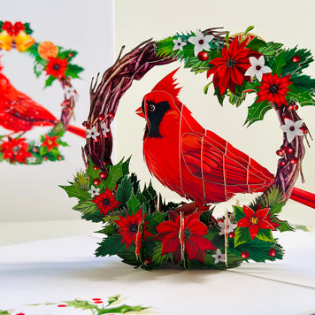 Happy Holidays Cardinal Red Bird with Poinsettia Red Flower Wreath Origami Pop Cards 3D Pop Up Greeting Card Merry Christmas Thank You Handmade Best Wishes Blank Card Gift Happy Holidays Celebrate the Special Day Moment with Family and Friends