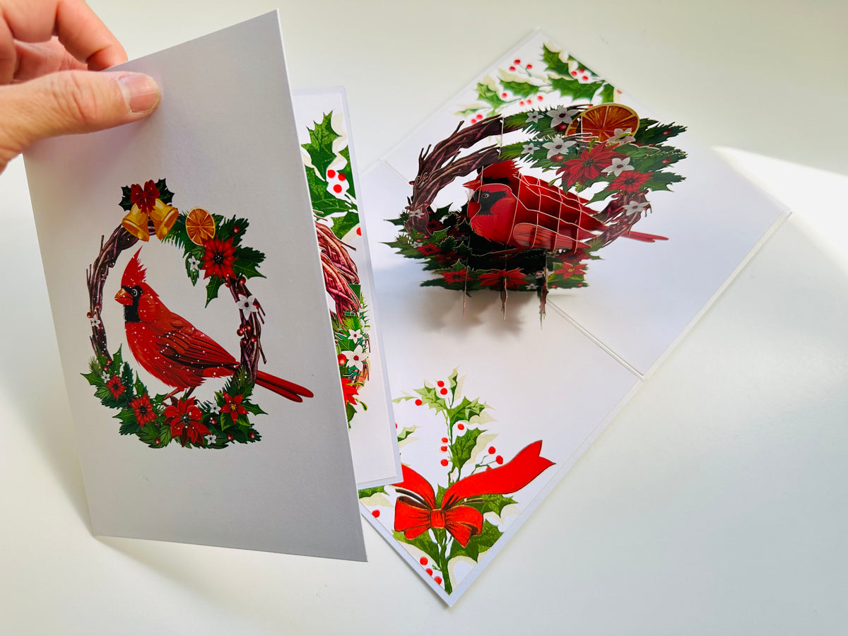 Happy Holidays Cardinal Red Bird with Poinsettia Red Flower Wreath Origami Pop Cards 3D Pop Up Greeting Card Merry Christmas Thank You Handmade Best Wishes Blank Card Gift Happy Holidays Celebrate the Special Day Moment with Family and Friends