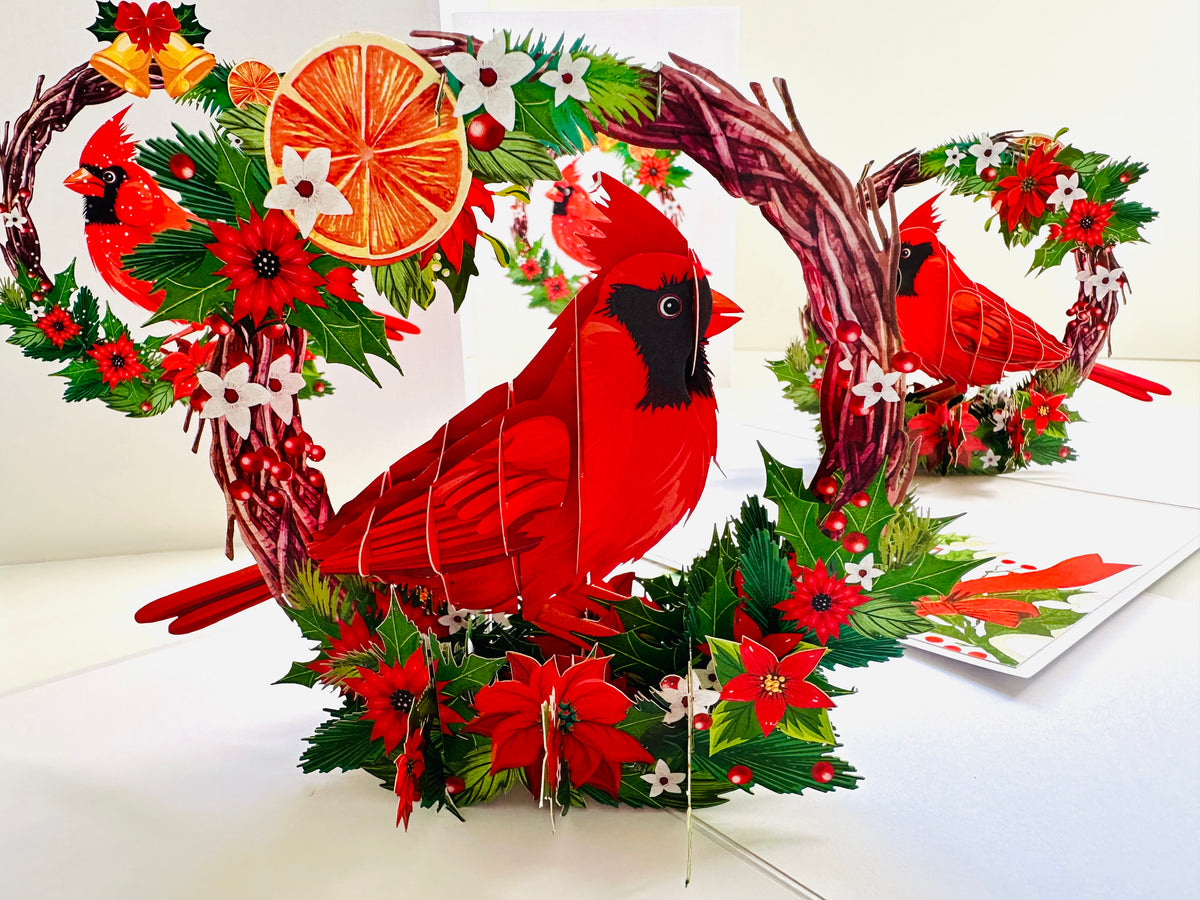 Happy Holidays Cardinal Red Bird with Poinsettia Red Flower Wreath Origami Pop Cards 3D Pop Up Greeting Card Merry Christmas Thank You Handmade Best Wishes Blank Card Gift Happy Holidays Celebrate the Special Day Moment with Family and Friends