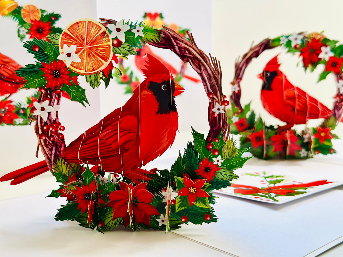 Happy Holidays Cardinal Red Bird with Poinsettia Red Flower Wreath Origami Pop Cards 3D Pop Up Greeting Card Merry Christmas Thank You Handmade Best Wishes Blank Card Gift Happy Holidays Celebrate the Special Day Moment with Family and Friends