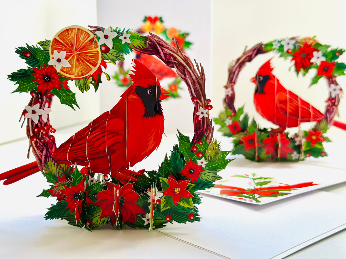 Happy Holidays Cardinal Red Bird with Poinsettia Red Flower Wreath Origami Pop Cards 3D Pop Up Greeting Card Merry Christmas Thank You Handmade Best Wishes Blank Card Gift Happy Holidays Celebrate the Special Day Moment with Family and Friends