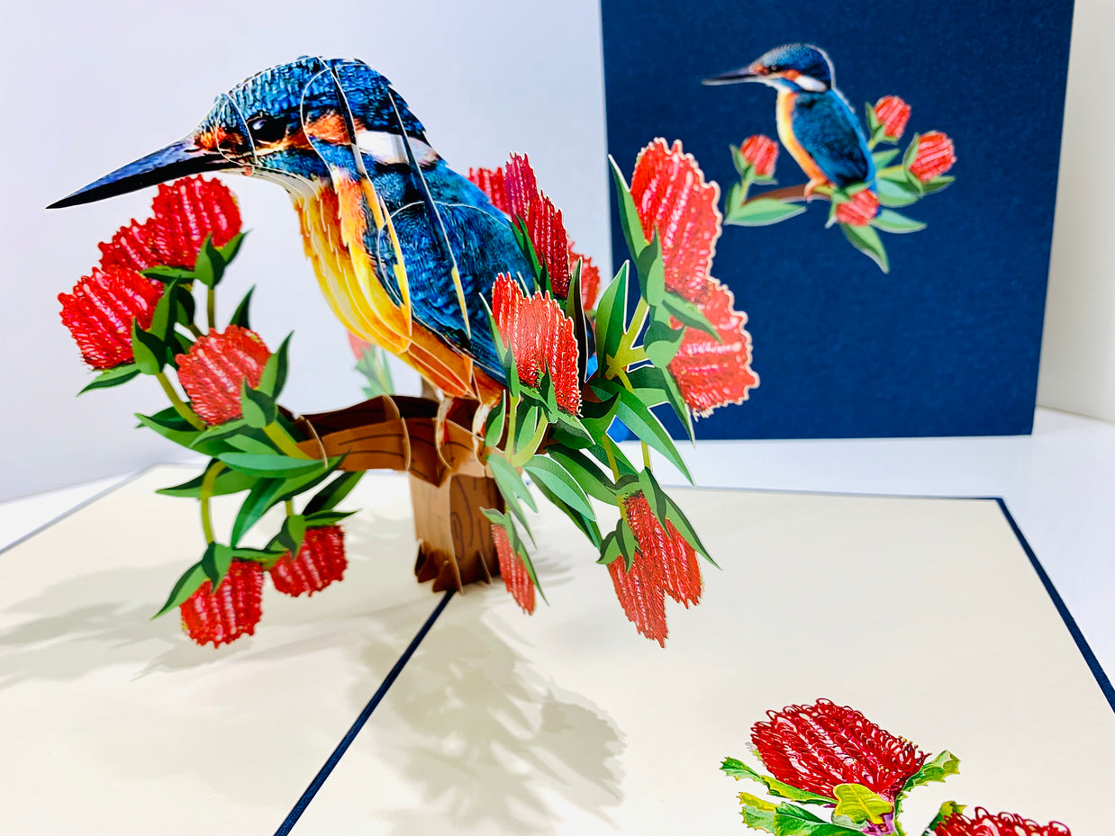 Happy Kingfisher Card - Beauty of Bird - Stands for Peace & Prosperity Origami Pop Cards 3D Pop Up Greeting Card Happy Birthday Thank You Handmade Gift Thinking of You Blank Card for Any Occasion Happy Mother's Day Happy Father's Australiana Birds