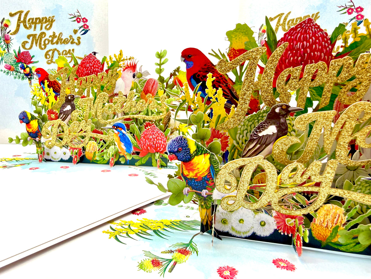 Happy Mother's Day - Australian Native Garden & Birds Origami Pop Cards 3D Pop Up Greeting Card Thank You Handmade Gift Thinking of You Happy Birthday Occasion Australiana Celebrate the Beauty and Happiness During Special Day Best Wishes Gift