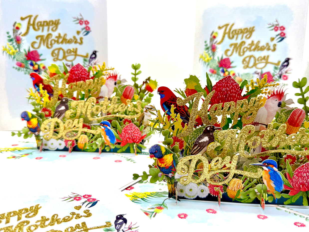 Happy Mother's Day - Australian Native Garden & Birds Origami Pop Cards 3D Pop Up Greeting Card Thank You Handmade Gift Thinking of You Happy Birthday Occasion Australiana Celebrate the Beauty and Happiness During Special Day Best Wishes Gift