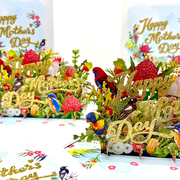 Happy Mother's Day - Australian Native Garden & Birds - Origami Pop Cards 3D Pop Up Greeting Card Merry Christmas Thank You Handmade Best Wishes Blank Card Gift Happy Holidays Celebrate the Special Day Moment with Family and Friends