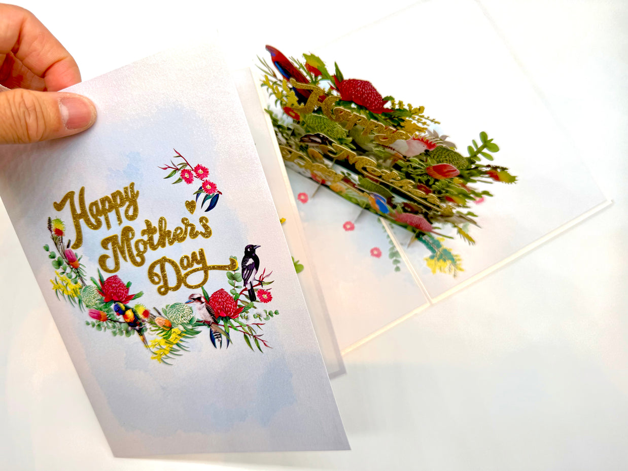 Happy Mother's Day - Australian Native Garden & Birds Origami Pop Cards 3D Pop Up Greeting Card Thank You Handmade Gift Thinking of You Happy Birthday Occasion Australiana Celebrate the Beauty and Happiness During Special Day Best Wishes Gift