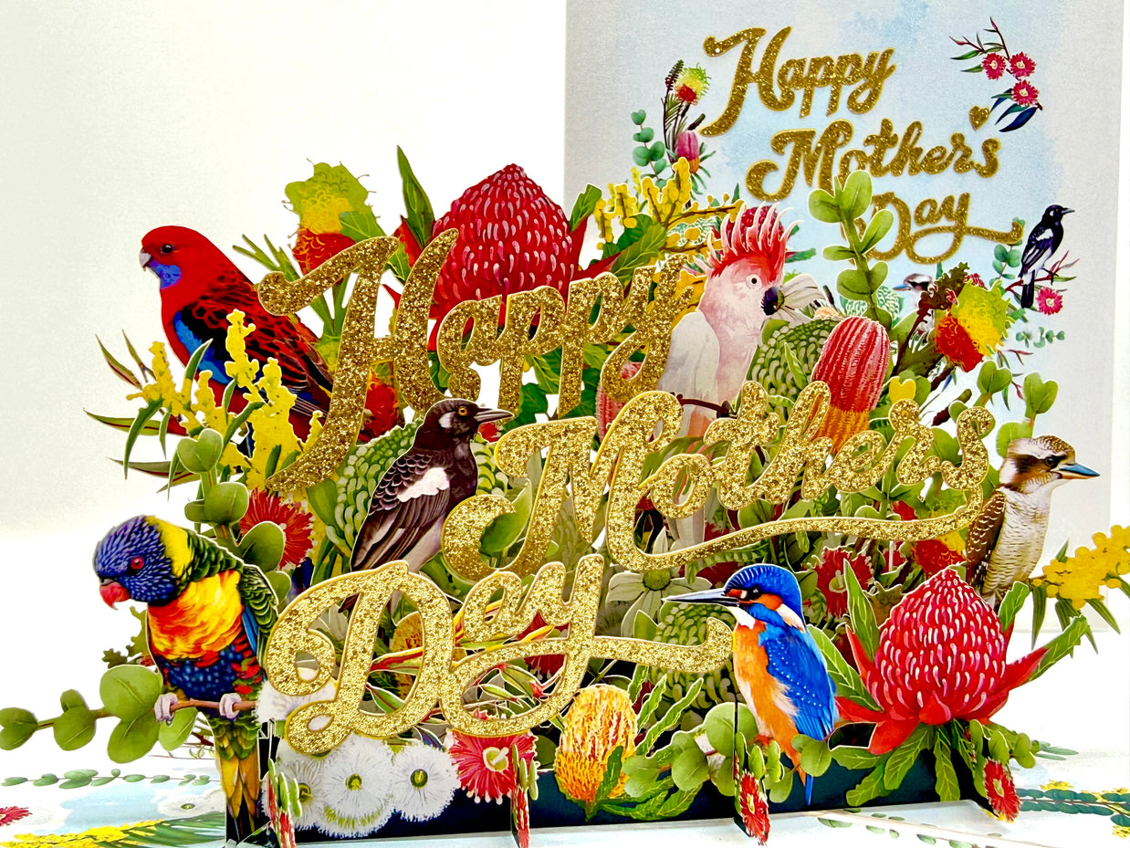 Happy Mother's Day - Australian Native Garden & Birds Origami Pop Cards 3D Pop Up Greeting Card Thank You Handmade Gift Thinking of You Happy Birthday Occasion Australiana Celebrate the Beauty and Happiness During Special Day Best Wishes Gift