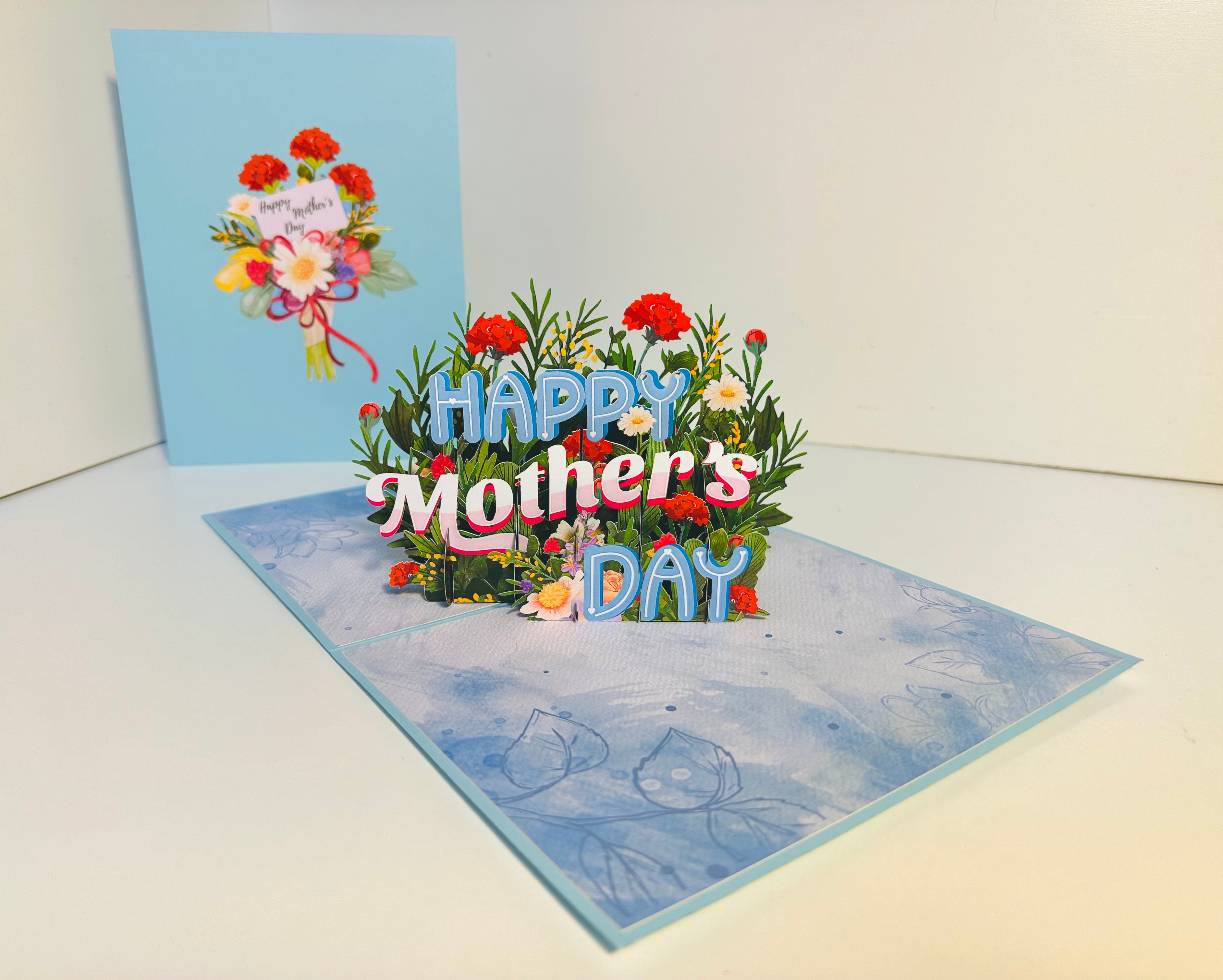 Happy Mother's Day - Baby Blue Spring Flower Garden Origami Pop Cards 3D Pop Up Greeting Card Handmade Gift for Mum Floral Blank Card Australian Made Thank You Thinking of You Mother's Day Paper Art Gift Australian Flowers Celebrate Special Mum