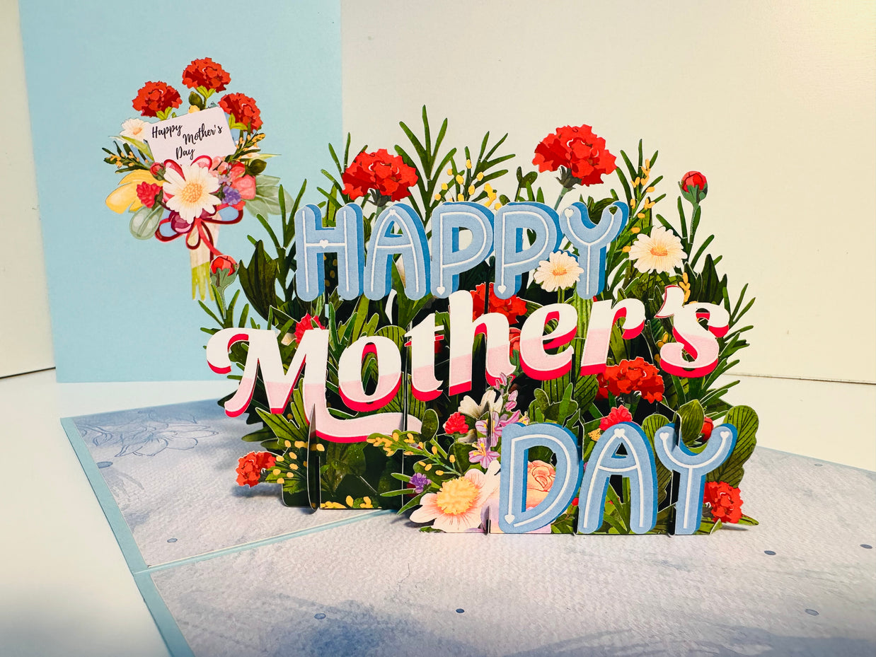 Happy Mother's Day - Baby Blue Spring Flower Garden Origami Pop Cards 3D Pop Up Greeting Card Handmade Gift for Mum Floral Blank Card Australian Made Thank You Thinking of You Mother's Day Paper Art Gift Australian Flowers Celebrate Special Mum