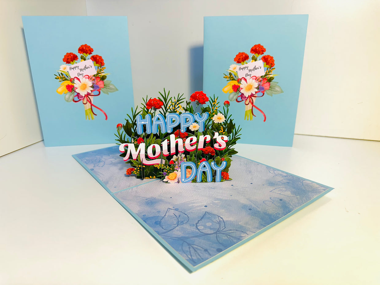 Happy Mother's Day - Baby Blue Spring Flower Garden Origami Pop Cards 3D Pop Up Greeting Card Handmade Gift for Mum Floral Blank Card Australian Made Thank You Thinking of You Mother's Day Paper Art Gift Australian Flowers Celebrate Special Mum