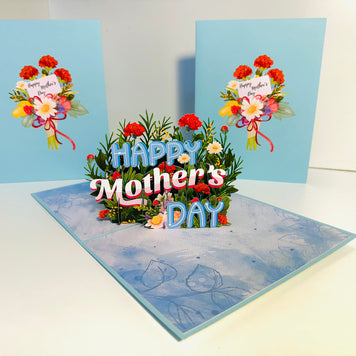 Happy Mother's Day - Baby Blue Spring Flower Garden Origami Pop Cards 3D Pop Up Greeting Card Handmade Gift for Mum Floral Blank Card Australian Made Thank You Thinking of You Mother's Day Paper Art Gift Australian Flowers Celebrate Special Mum