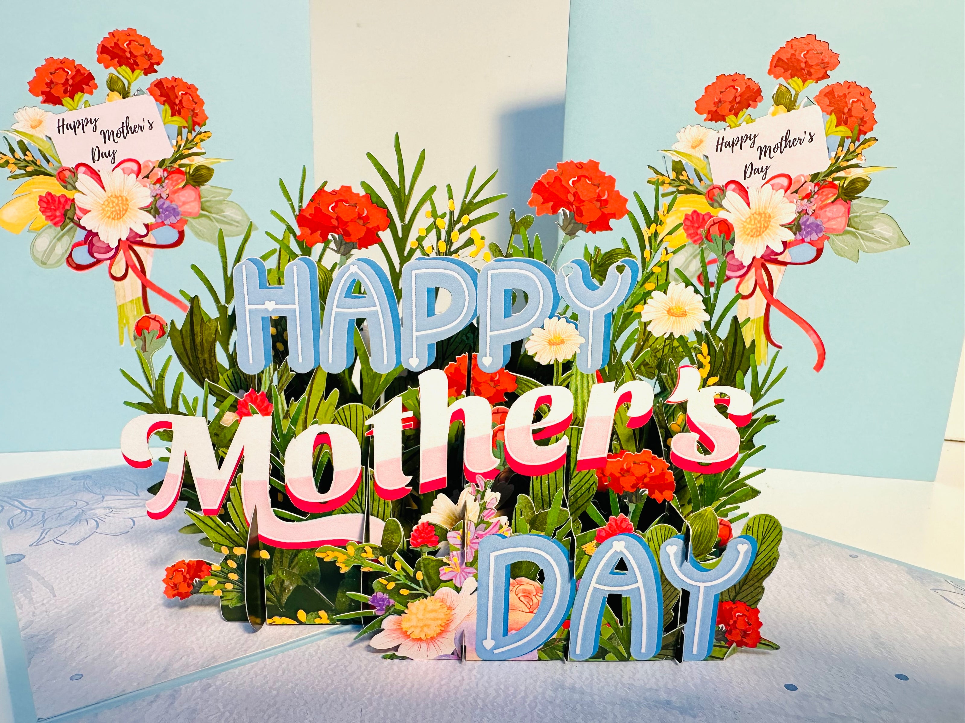 Happy Mother's Day - Baby Blue Spring Flower Garden Origami Pop Cards 3D Pop Up Greeting Card Handmade Gift for Mum Floral Blank Card Australian Made Thank You Thinking of You Mother's Day Paper Art Gift Australian Flowers Celebrate Special Mum
