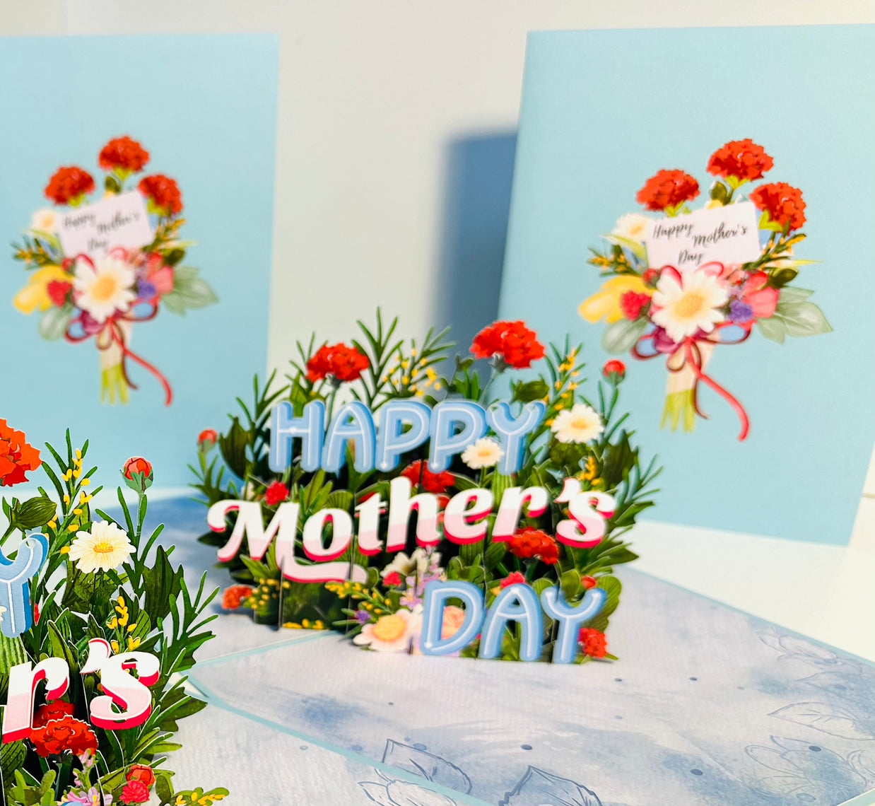 Happy Mother's Day - Baby Blue Spring Flower Garden Origami Pop Cards 3D Pop Up Greeting Card Handmade Gift for Mum Floral Blank Card Australian Made Thank You Thinking of You Mother's Day Paper Art Gift Australian Flowers Celebrate Special Mum