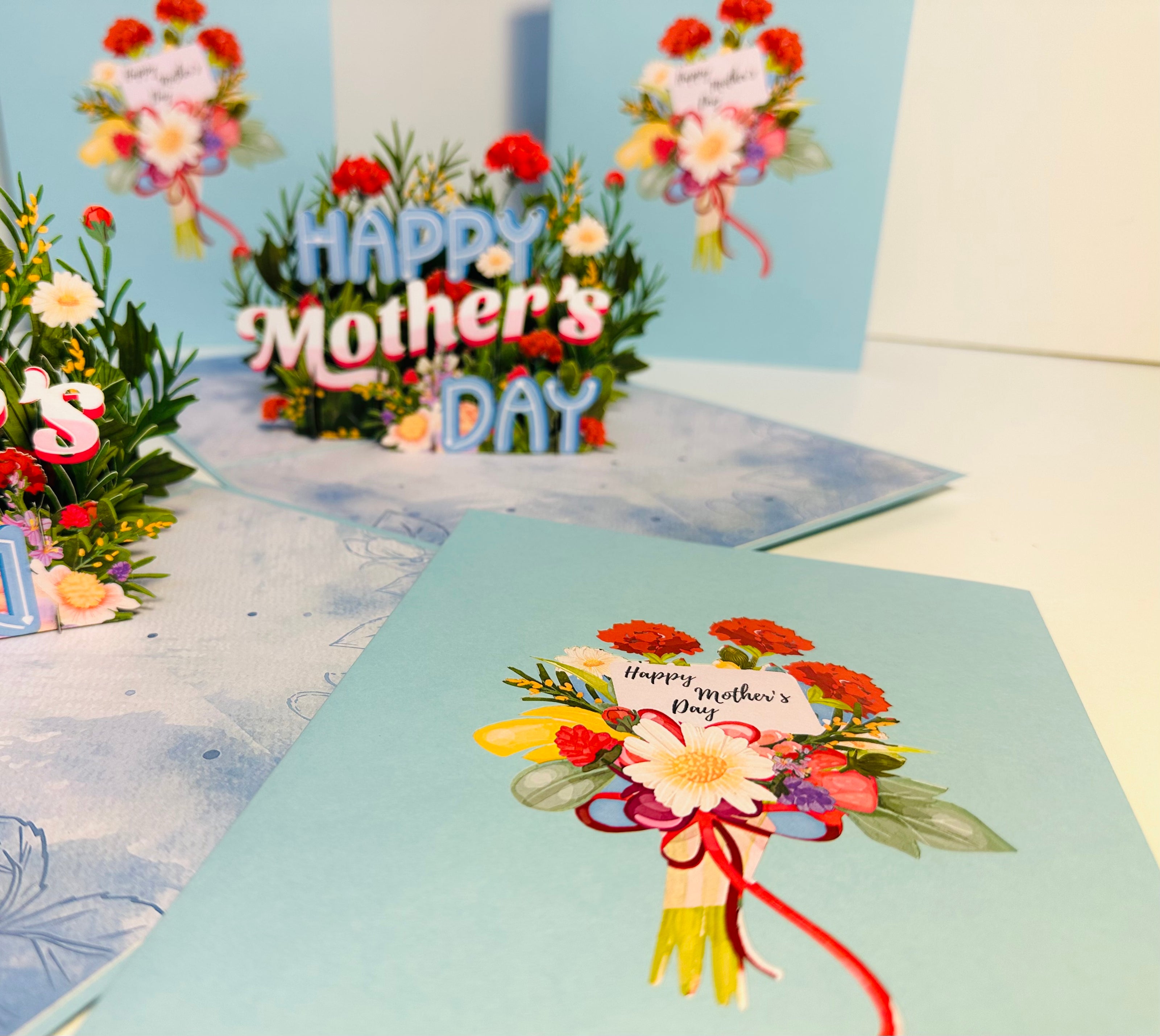 Happy Mother's Day - Baby Blue Spring Flower Garden Origami Pop Cards 3D Pop Up Greeting Card Handmade Gift for Mum Floral Blank Card Australian Made Thank You Thinking of You Mother's Day Paper Art Gift Australian Flowers Celebrate Special Mum