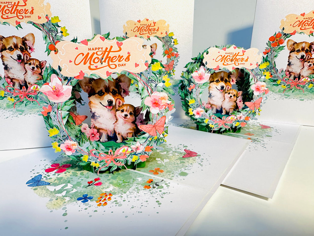 Happy Mother's Day - Mother Dog & Cute Puppy in Floral Wreath Origami Pop Cards 3D Pop Up Greeting Card Handmade Gift for Mum Floral Blank Card Australian Made Thank You Thinking of You Mother's Day Paper Art Gift Australian Flowers Celebrate Special Mum
