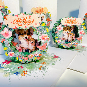 Happy Mother's Day - Mother Dog & Cute Puppy in Floral Wreath Origami Pop Cards 3D Pop Up Greeting Card Handmade Gift for Mum Floral Blank Card Australian Made Thank You Thinking of You Mother's Day Paper Art Gift Australian Flowers Celebrate Special Mum