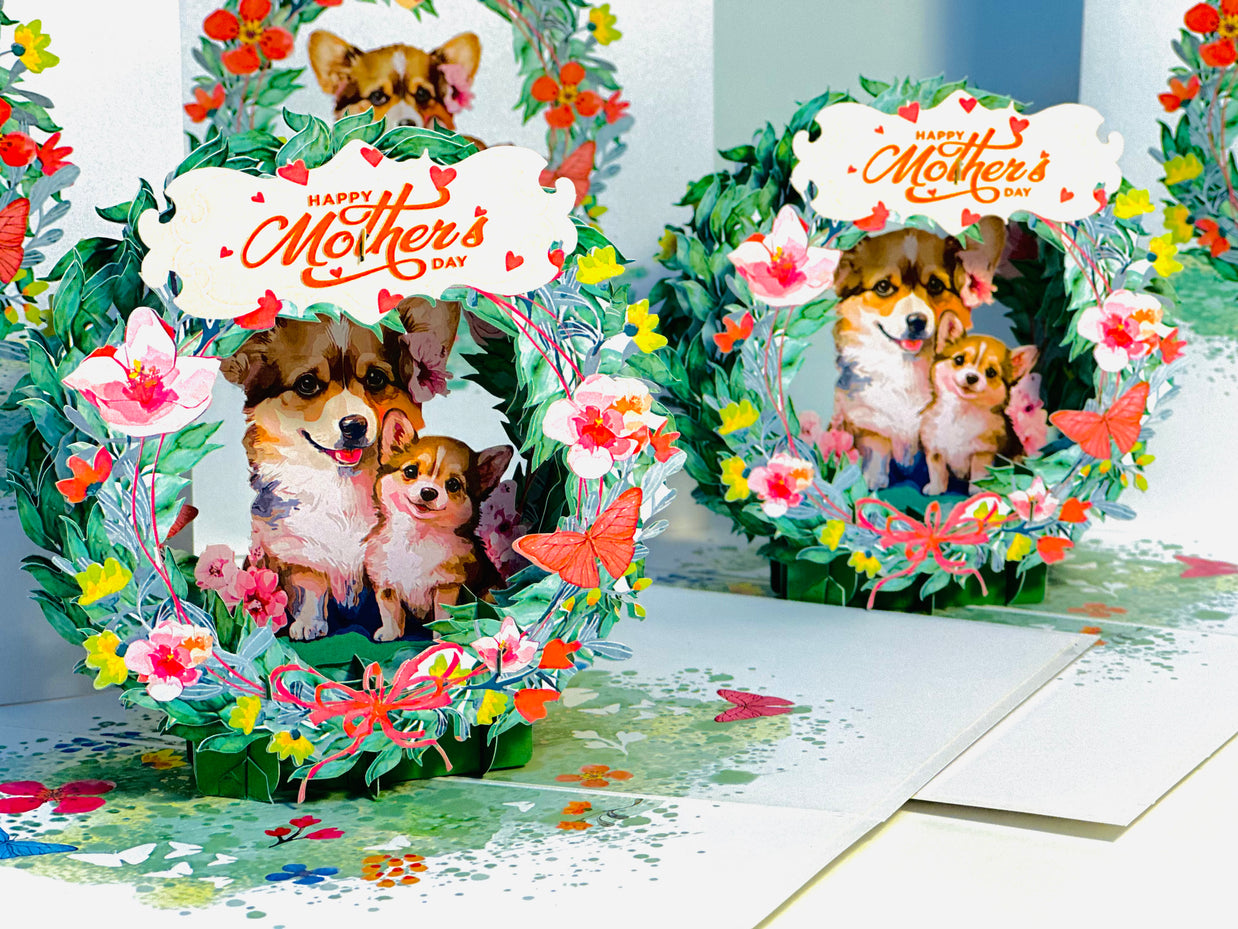 Happy Mother's Day - Mother Dog & Cute Puppy in Floral Wreath Origami Pop Cards 3D Pop Up Greeting Card Handmade Gift for Mum Floral Blank Card Australian Made Thank You Thinking of You Mother's Day Paper Art Gift Australian Flowers Celebrate Special Mum