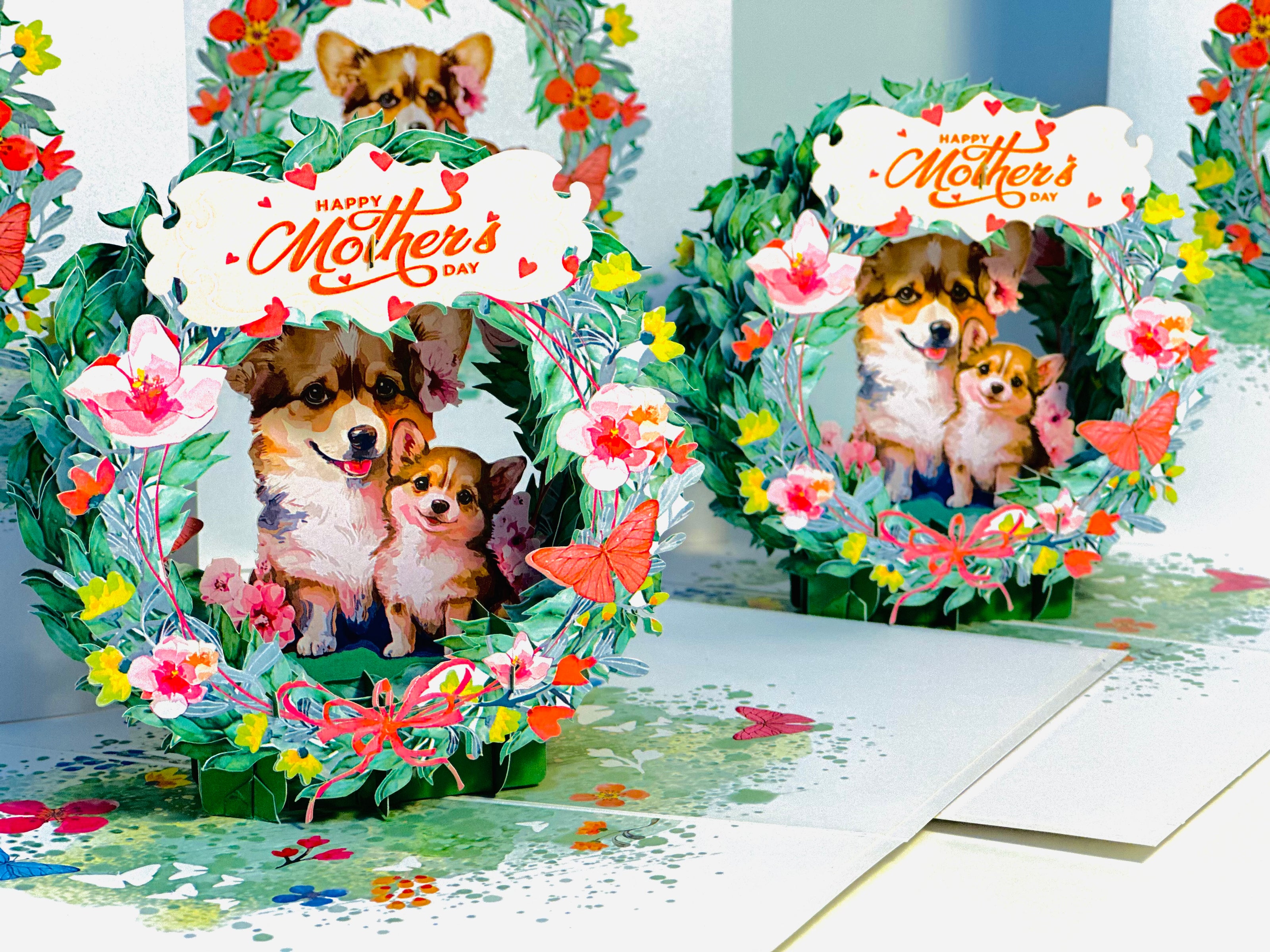 Happy Mother's Day - Mother Dog & Cute Puppy in Floral Wreath Origami Pop Cards 3D Pop Up Greeting Card Handmade Gift for Mum Floral Blank Card Australian Made Thank You Thinking of You Mother's Day Paper Art Gift Australian Flowers Celebrate Special Mum