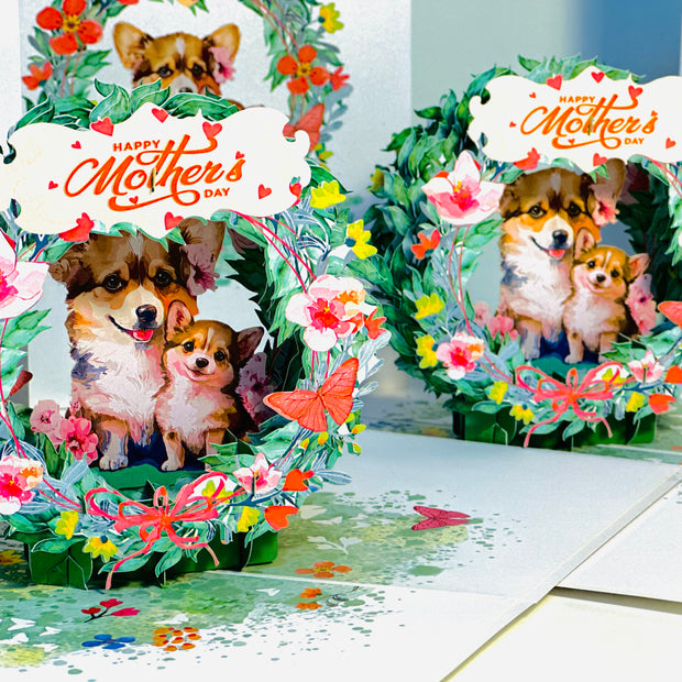 Happy Mother's Day - Mother Dog & Cute Puppy in Floral Wreath Origami Pop Cards 3D Pop Up Greeting Card Handmade Gift for Mum Floral Blank Card Australian Made Thank You Thinking of You Mother's Day Paper Art Gift Australian Flowers Celebrate Special Mum