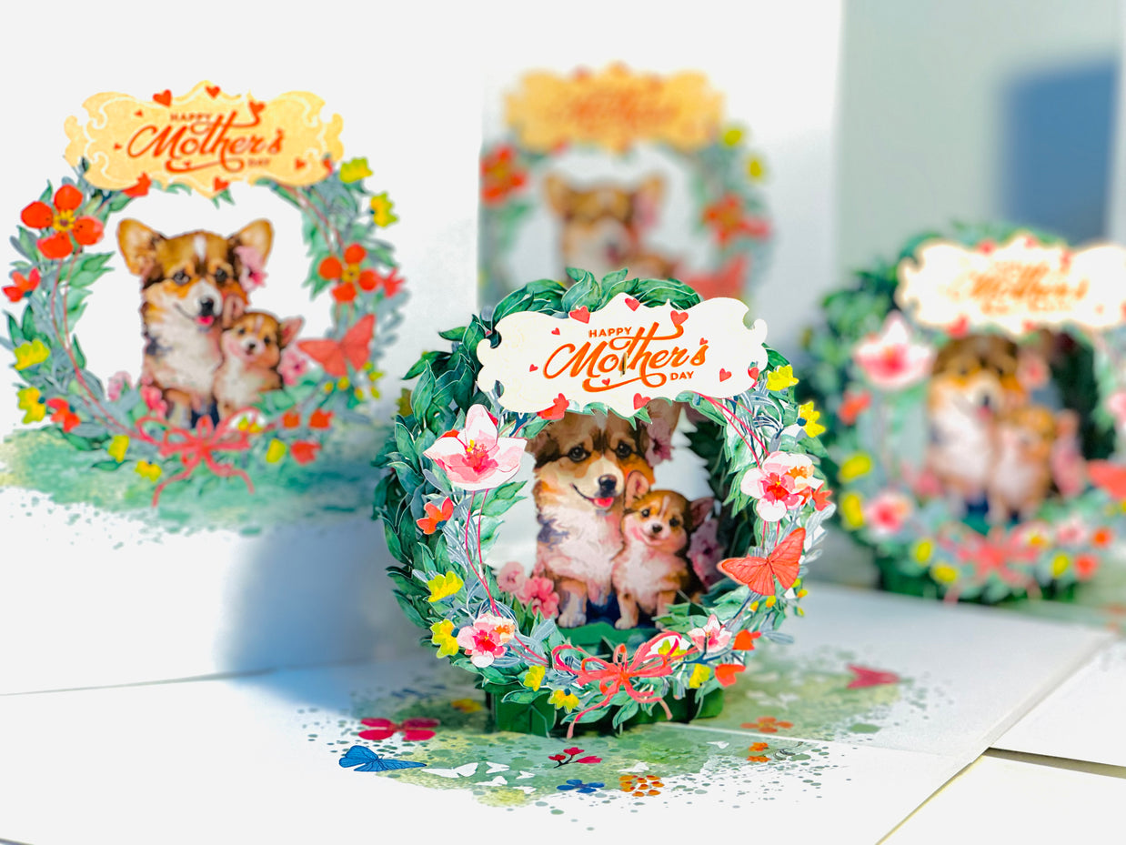 Happy Mother's Day - Mother Dog & Cute Puppy in Floral Wreath Origami Pop Cards 3D Pop Up Greeting Card Handmade Gift for Mum Floral Blank Card Australian Made Thank You Thinking of You Mother's Day Paper Art Gift Australian Flowers Celebrate Special Mum