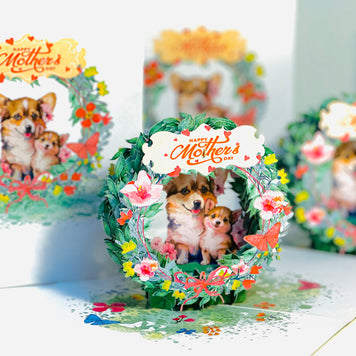Happy Mother's Day - Mother Dog & Cute Puppy in Floral Wreath Origami Pop Cards 3D Pop Up Greeting Card Handmade Gift for Mum Floral Blank Card Australian Made Thank You Thinking of You Mother's Day Paper Art Gift Australian Flowers Celebrate Special Mum