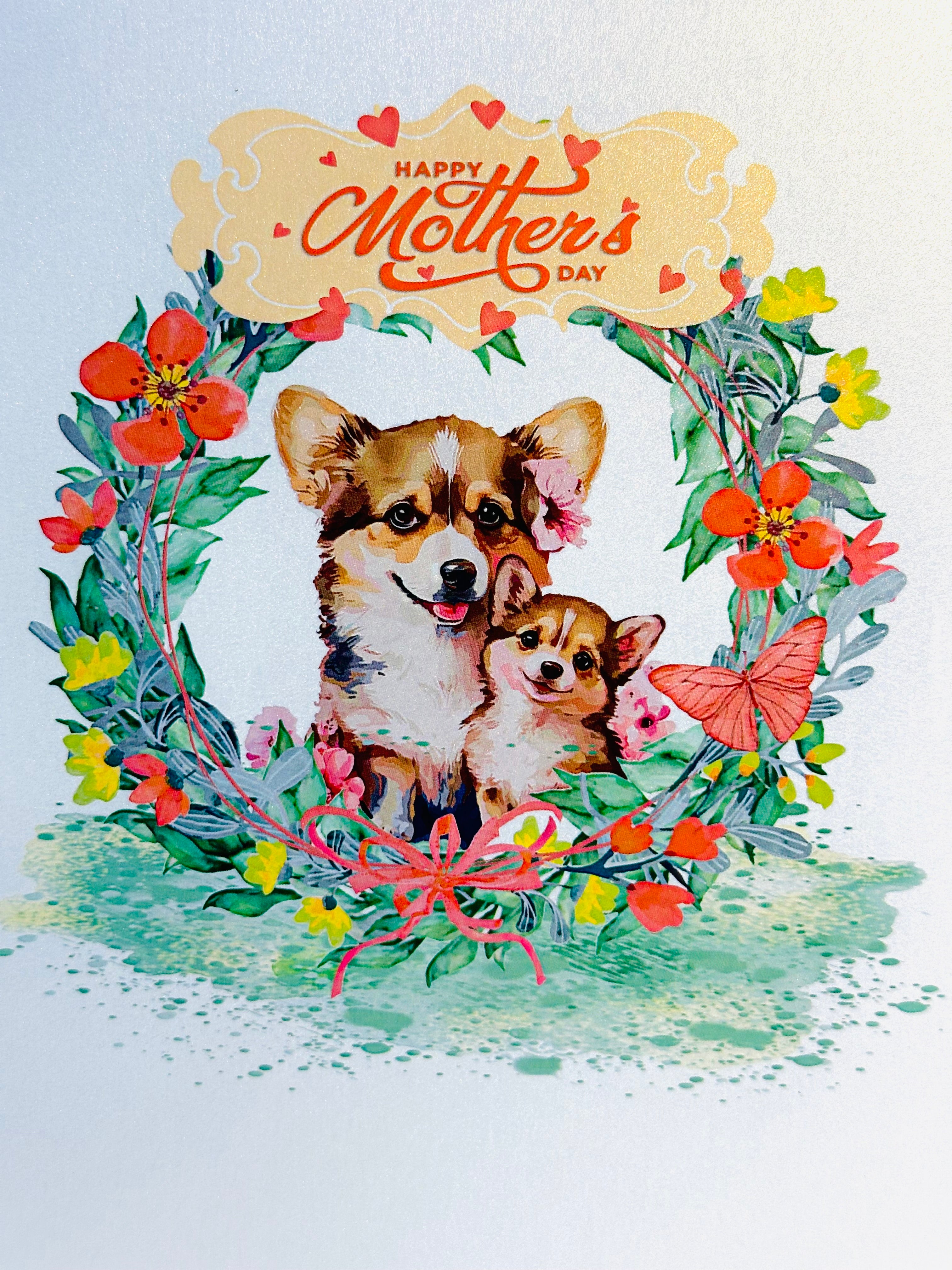 Happy Mother's Day - Mother Dog & Cute Puppy in Floral Wreath Origami Pop Cards 3D Pop Up Greeting Card Handmade Gift for Mum Floral Blank Card Australian Made Thank You Thinking of You Mother's Day Paper Art Gift Australian Flowers Celebrate Special Mum