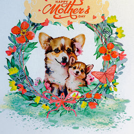 Happy Mother's Day - Mother Dog & Cute Puppy in Floral Wreath Origami Pop Cards 3D Pop Up Greeting Card Handmade Gift for Mum Floral Blank Card Australian Made Thank You Thinking of You Mother's Day Paper Art Gift Australian Flowers Celebrate Special Mum