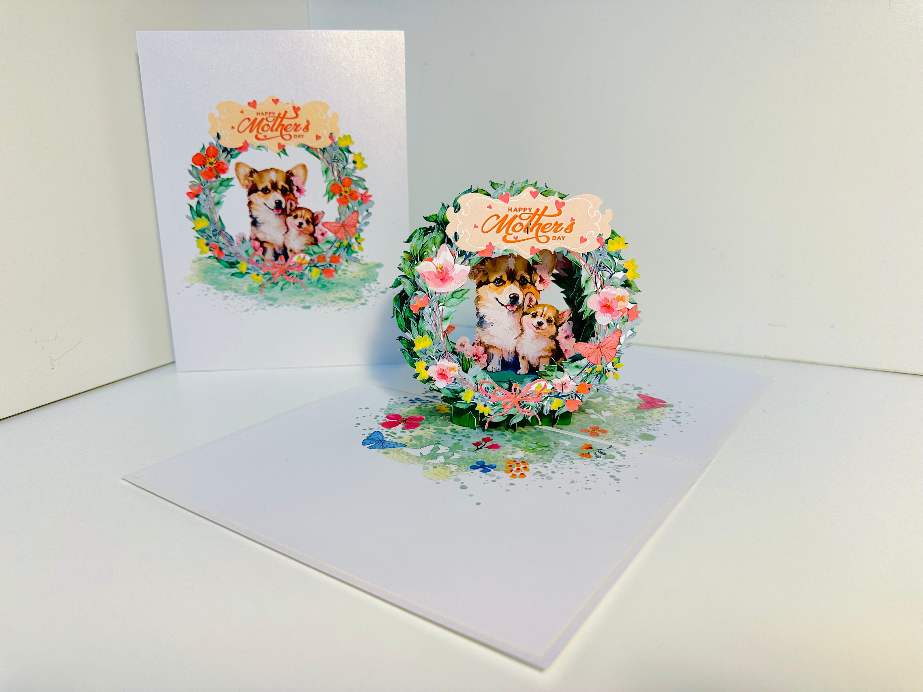 Happy Mother's Day - Mother Dog & Cute Puppy in Floral Wreath Origami Pop Cards 3D Pop Up Greeting Card Handmade Gift for Mum Floral Blank Card Australian Made Thank You Thinking of You Mother's Day Paper Art Gift Australian Flowers Celebrate Special Mum